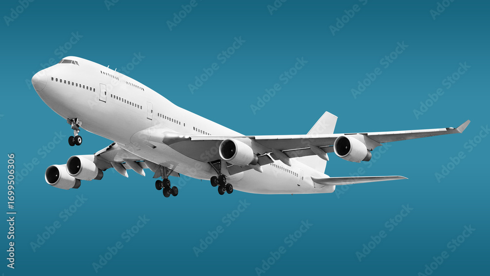 Obraz premium White Double Decker Jumbo Passenger Jet Plane with Four Engines Boeing 747 and Landing Gear in View Take off position low angle