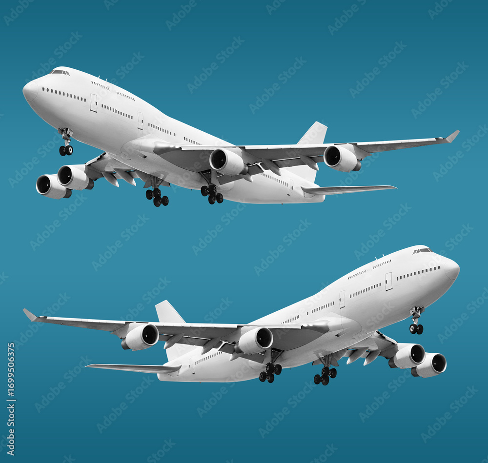Obraz premium White Double Decker Jumbo Passenger Jet Aircraft with Four Engines Boeing 747 and Exposed Wheels Right and left view low angle