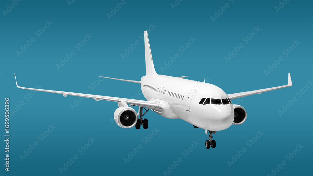 Obraz premium White Jet Aircraft with Dual Engines and Visible Landing Gear Corner View High Angle