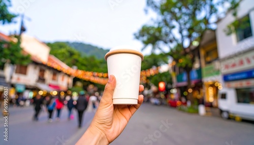 Hand holding a white paper coffee cup outdoors