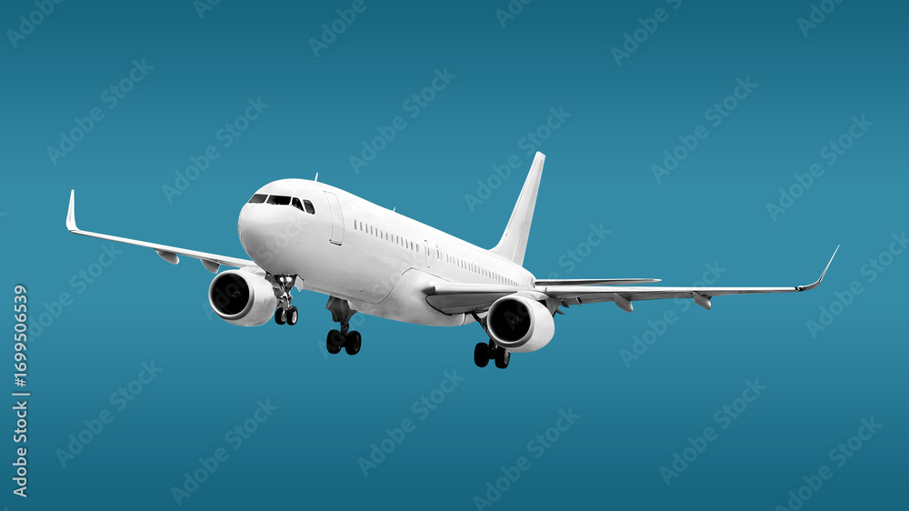 Obraz premium Passenger Jet Plane in White with Dual Engines and Landing Gear in Focus Take Off Position Front View Low Angle Take Off