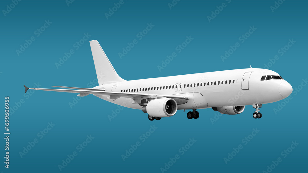 Obraz premium White Passenger Jet Plane with Two Engines and Exposed Landing Gear Side View