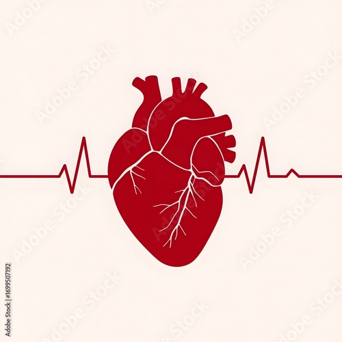 Heart and heartbeat. A red heart with a line that looks like an ECG. The heart is the main focus of the image, and the line represents the heartbeat. Concept of life and vitality. 