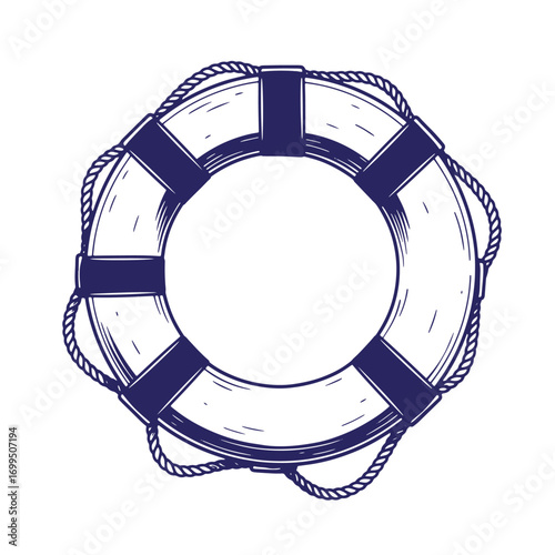 Nautical illustration of a lifebuoy ring featuring rope detailing and a navy blue color scheme.