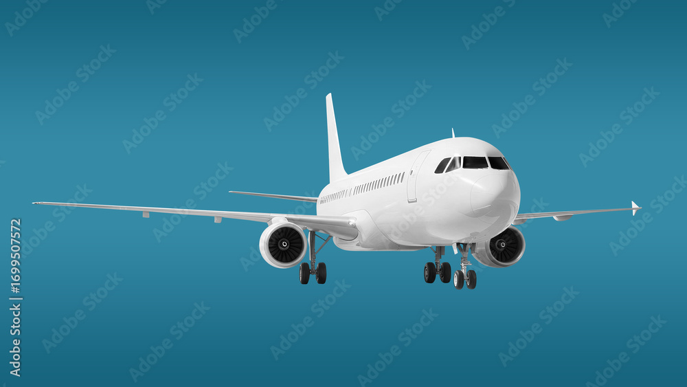 Fototapeta premium White Passenger Jet Plane with Two Engines and Visible Wheels Front View
