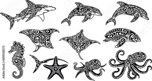 Tribal Ocean Animals Tattoo Design, Shark, Dolphin, Stingray, Seahorse, Starfish, Octopus, Marine Life Art, Polynesian Style Illustration