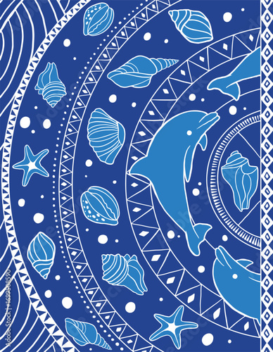 Dolphin and shell Beach towel design illustration