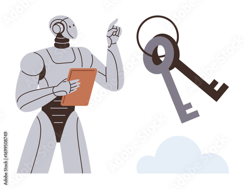Humanoid robot with tablet gestures toward keys floating above a cloud. Ideal for AI, automation, cybersecurity, innovation, digital transformation, cloud computing, modern problem-solving. Simple