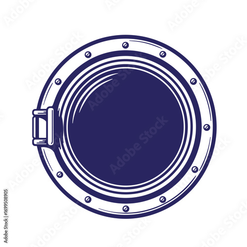Simple illustration of a detailed navy blue round ship porthole on a white background