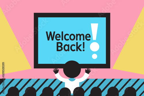 Colorful illustration of a welcoming scene with a presenter in front of a large screen displaying "Welcome Back!" creating a festive back-to-school atmosphere for autumn vibes