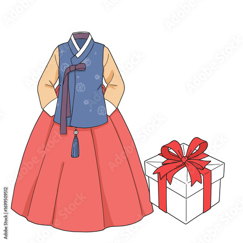 Traditional hanbok clothing and gift box, line art with color accents, Korean Chuseok holiday celebration, white background