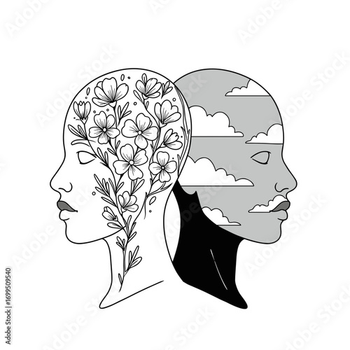 Two heads facing opposite directions with blooming flowers and clouds, line art vector illustration, symbolic of inner conflict, black lines on white background, with copy space