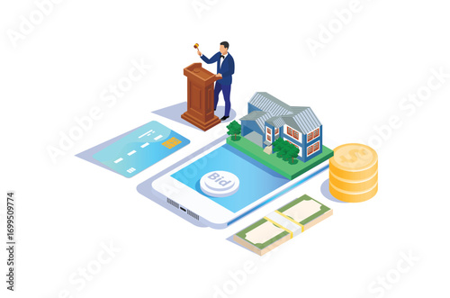 Isometric House auction online  Auction Illustration, with house on screen, finger tapping bid button,Web Banners, Suitable for Diagrams, Infographics, Book Illustration, Game Asset, And Other Graphic