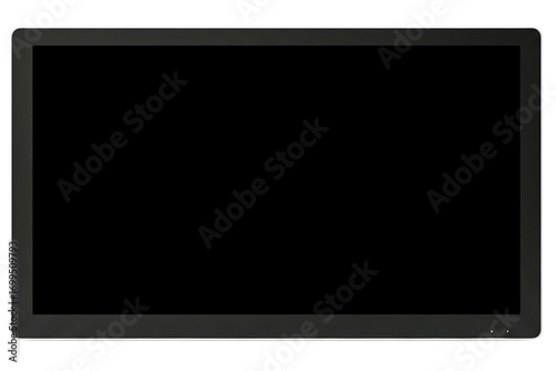 Modern widescreen computer monitor with a blank black screen isolated on a transparent background