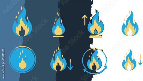 Icon Set Flame Vector Design with Arrow Element Minimalist Style in Blue and Yellow Colors