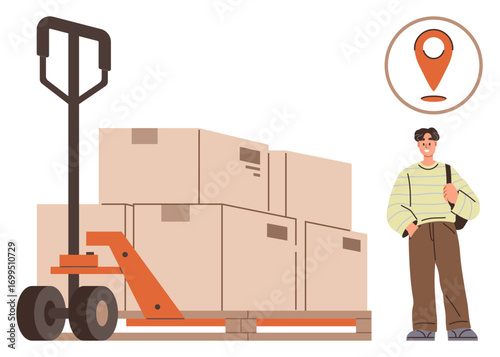 Worker by pallet truck with stacked cardboard boxes and map pin icon. Ideal for logistics, delivery, transportation, shipping, e-commerce, warehouse, supply chain concepts. Flat simple metaphor