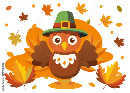 Colorful cartoon turkey wearing a green pilgrim hat stands amidst falling autumn leaves, embodying the spirit of Thanksgiving celebration and the vibrant essence of the autumn season