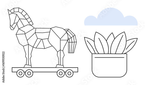 Geometric Trojan Horse on wheels illustrated with clean lines, succulent plant in pot, and cloud outline. Ideal for innovation, nature, deception, creativity, strategy, simplicity balance