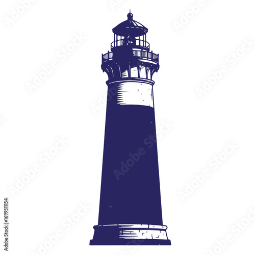 Vector illustration of a tall detailed lighthouse in dark navy blue against white background