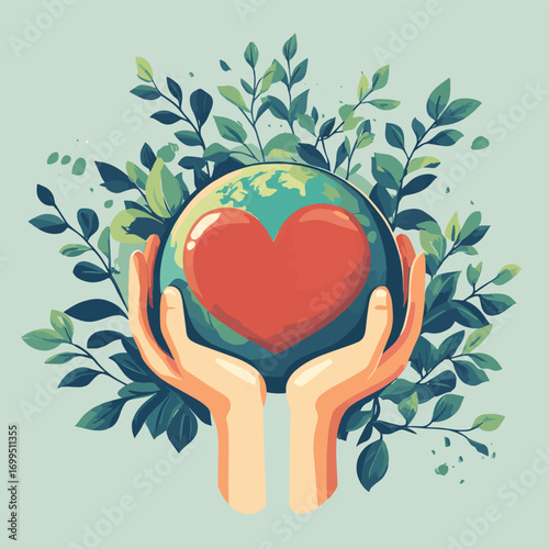 Sustainability, environmentally friendly strategy concept with hands holding Earth and heart , vector style simple color