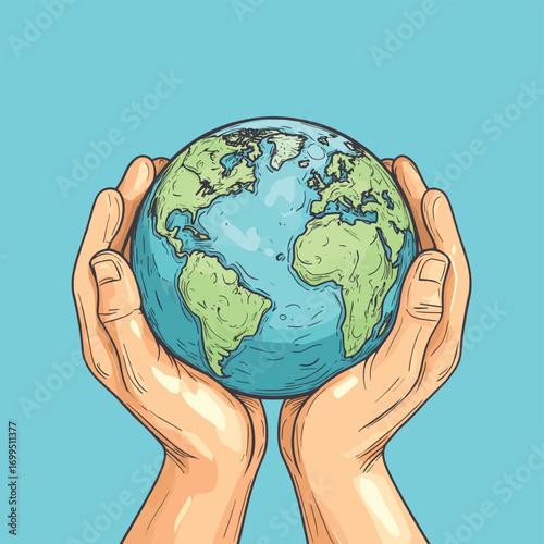 Sustainability, environmentally friendly strategy concept with hands holding Earth and heart , vector style simple color