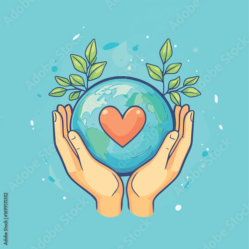 Sustainability, environmentally friendly strategy concept with hands holding Earth and heart , vector style simple color