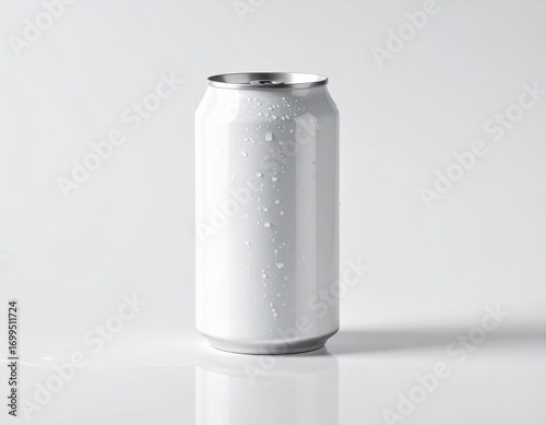 Blank white aluminum beverage can with condensation droplets, isolated on a clean background for product mockups and design templates