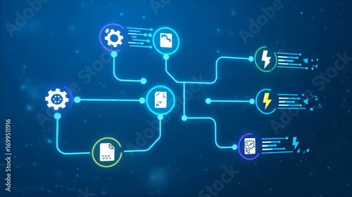 Automated flowchart with glowing icons connected by lines illustrating data processing, energy transfer, and digital network connection in continuous automation process design