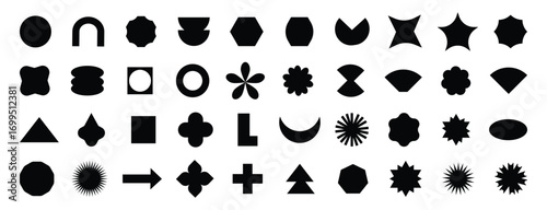 Abstract geometric and basic shapes on white background. Polygonal elements. Modern trendy minimalist basic figures, lines, circles, hexagon, star, triangle flat style.