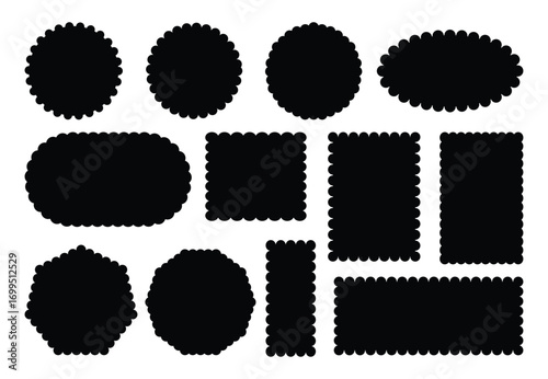 Zigzag edges set. Geometric shapes with scallop edge. Silhouette stickers circle, square, oval and rectangle labels. 