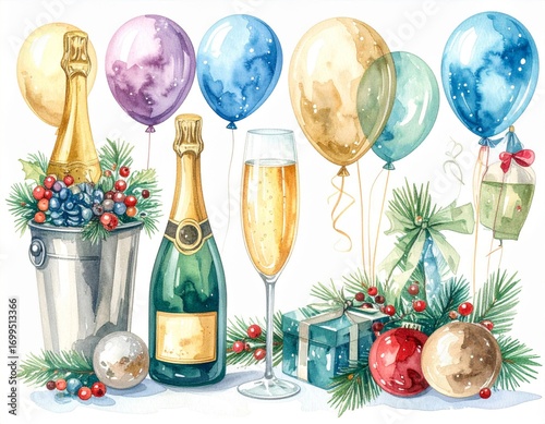 Festive Watercolor Champagne with Balloons Gift Boxes and Berries Celebration