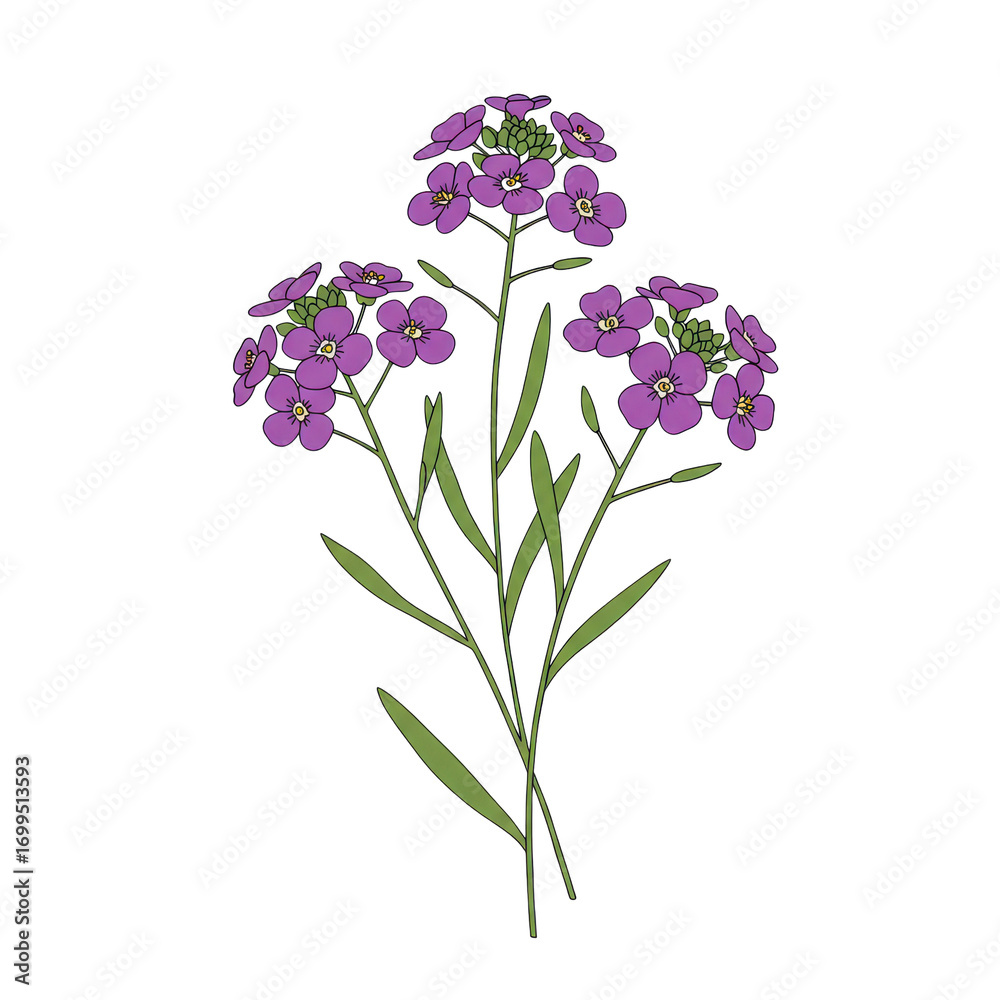 Fototapeta premium Detailed botanical illustration of purple flowers with green leaves and stems isolated on white background