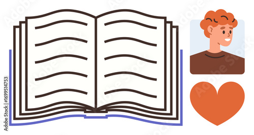 Open book with visible pages, accompanied by a smiling character portrait and a heart. Ideal for literature, storytelling, creativity, education, love for reading, personal growth, and empathy