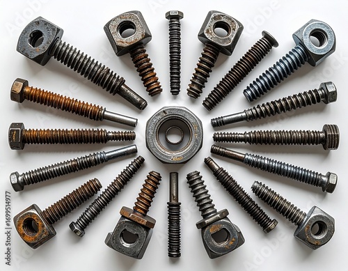 Mechanical Components: A collection of meticulously arranged nuts, bolts, and washers, showcasing the intricate details of mechanical engineering. These essential components suggest industry.