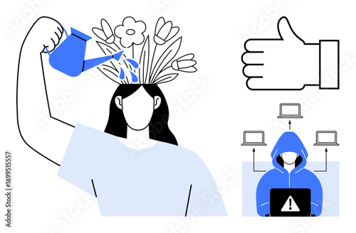 Woman nurturing creativity with watering can and flowers, thumbs-up symbol for approval, and hooded hacker surrounded by laptops. Ideal for growth mindset, security awareness, fostering creativity