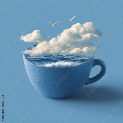 Ocean or sea in cup with clouds and fly birds on a blue background