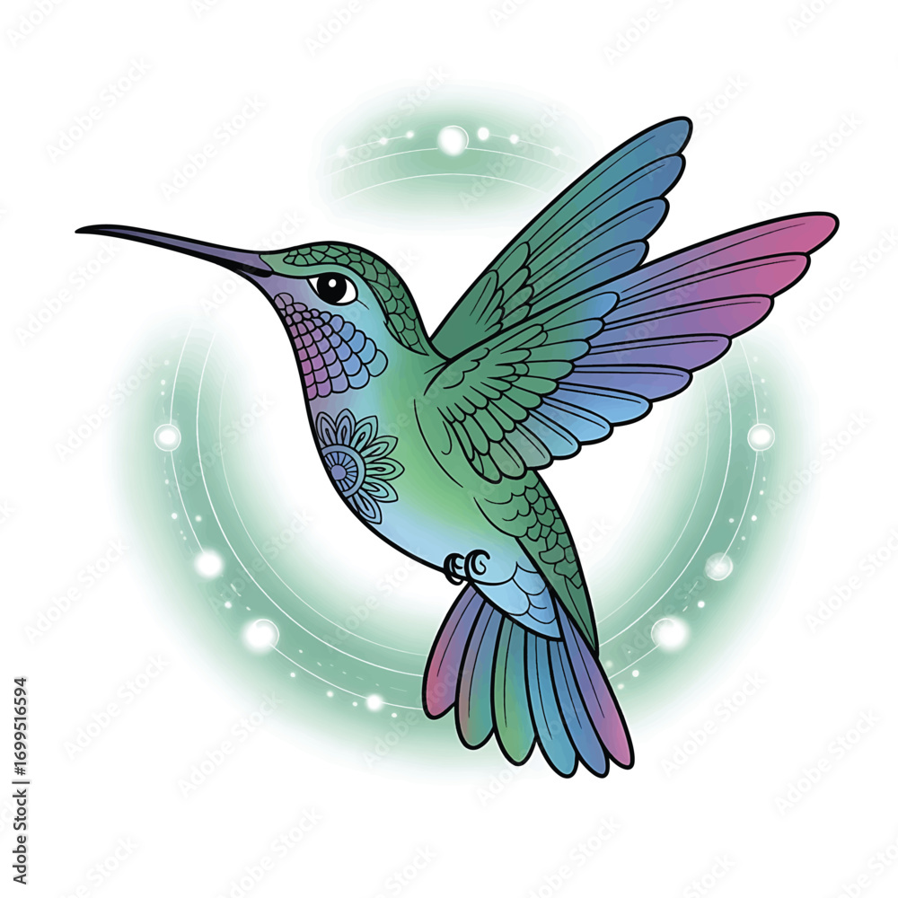 Obraz premium Vibrant hummingbird in mid flight displaying iridescent plumage and delicate wings