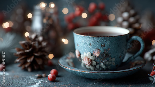 Beautifully decorated blue teacup with floral patterns sits on saucer, surrounded by pinecones and festive berries, creating cozy atmosphere
