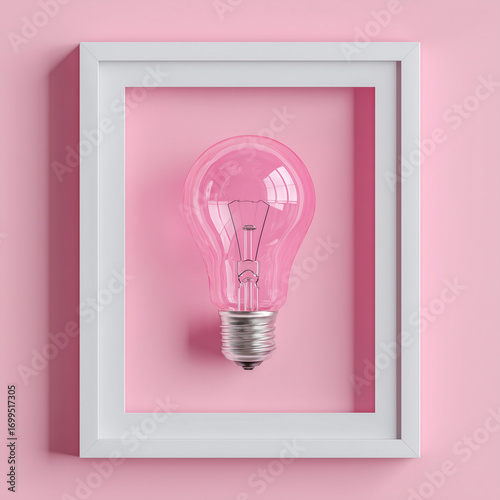 Pink light bulb in white frame on pink background - Concept of woman and creativity