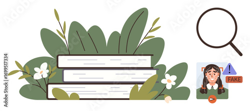 Stack of books surrounded by plants, magnifying glass, and warning-faced girl icon. Ideal for education, digital literacy, critical thinking, misinformation, fact-checking, research guidance simple
