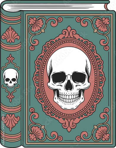 Vintage book cover with skull and floral ornaments