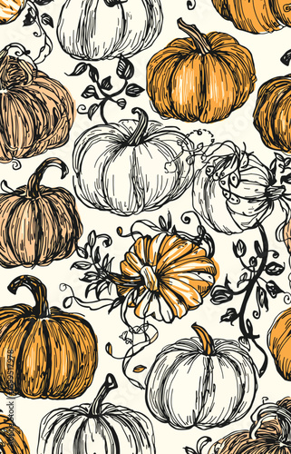 Pattern with orange pumpkins and brown vines on cream backdrop.


