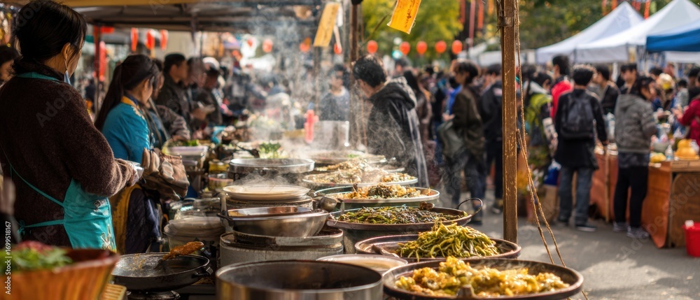 Naklejka premium Authentic Diverse Food Vendors at Autumn Festival Premium Seasonal Cultural Cuisine Market for Modern Lifestyle Marketing and Social Media Campaigns