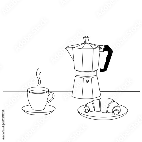 Moka pot, steaming cup of espresso, and croissant on plate, minimal line art vector, Italian breakfast aesthetic, white background, with copy space