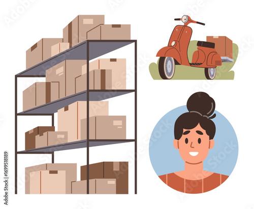 Stacked boxes on metal shelving, classic red scooter with packaged goods, and smiling woman portrait. Ideal for delivery service, logistics, online shopping, transportation, warehouse management