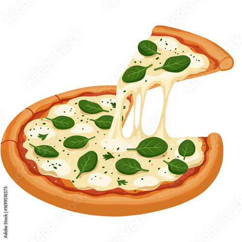 Pizza slice being pulled from spinach and ricotta pizza, semi-realistic flat vector, showing cheese stretch and herbs, appetizing detail, white background, with copy space