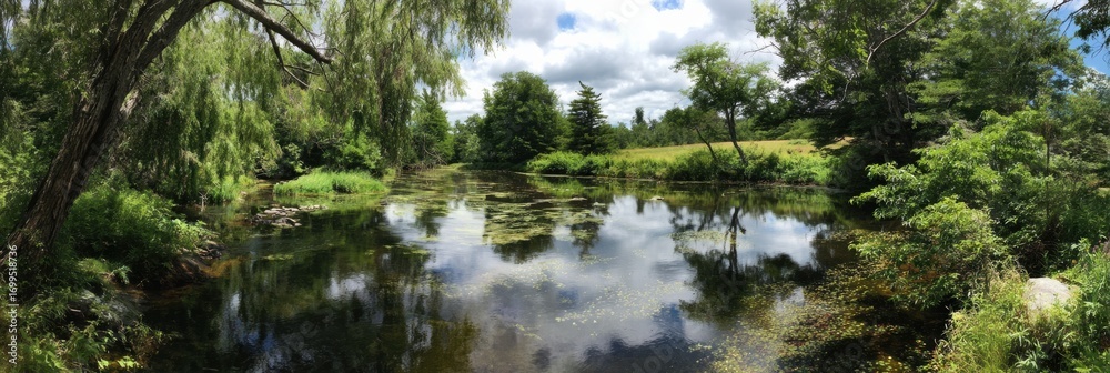 Obraz premium Authentic National New Hampshire Day Summer Landscape with Tranquil River, Lush Vegetation, Premium Nature Connection for Millennial Travel Marketing Campaigns