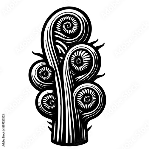 Illustration of a stylized black and white fern frond with curled tips and linear texture design element