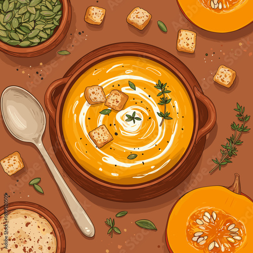 Bowl of roasted pumpkin soup with croutons, cream drizzle, and thyme sprig, rustic muted orange and terracotta tones, soft props like wooden spoons and pottery bowls