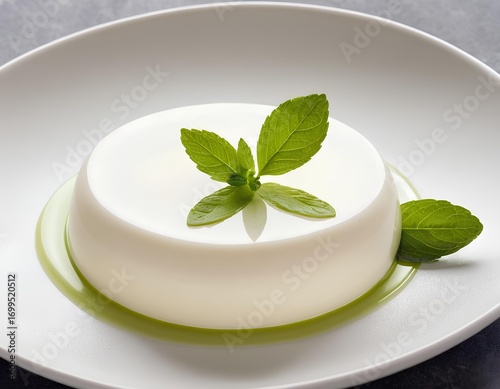 Creamy Panna Cotta with Matcha Sauce and Fresh Mint Leaf
